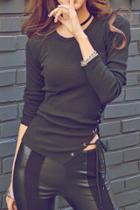 Oasap Black Side Lace-up Round Neck Ribbed Knit Tee