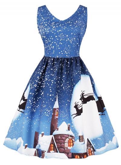 Oasap Round Neck Sleeveless Christmas Printed Dress