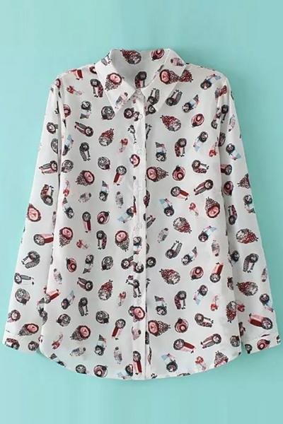 Oasap Sweet Floral Printing Button Down Open Collar Shirt