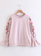 Oasap Round Neck Floral Embroidery Flare Sleeve Sweatshirt