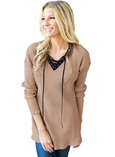 Oasap V Neck Lace-up Front Loose Fit Tee