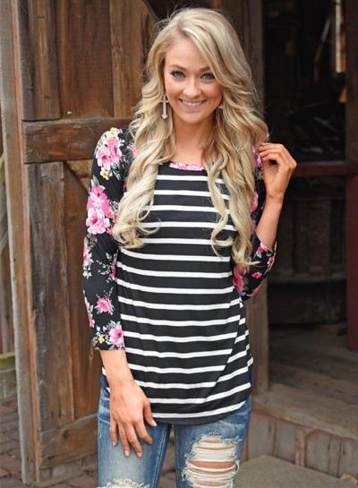 Oasap Round Neck Long Sleeve Floral Striped Splicing Tee Shirt