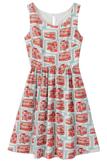 Oasap Cute Bus Print Pleated Cotton Dress