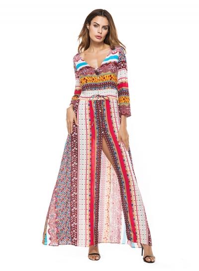 Oasap Bohemian V Neck Long Sleeve Floral Print Maxi Dress