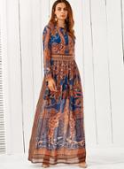 Oasap Long Sleeve Crew Neck Printed Maxi Dress