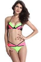 Oasap Green Pink Dominated Halter Bikini Swimsuit
