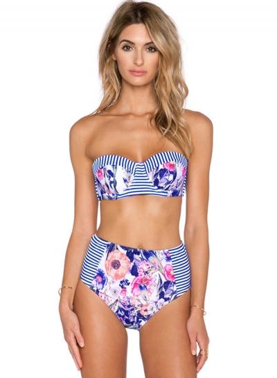 Oasap Striped Bandeau Top High Waist Bottom Swimwear