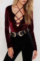 Oasap Burgundy Lace-up Front Scoop Back Velvet Romper