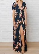 Oasap Boho V Neck Short Sleeve High Slit Floral Beach Dress
