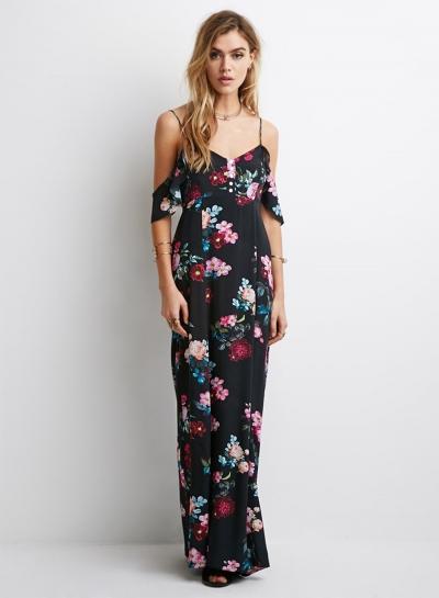 Oasap Floral Spaghetti Strap Off Shoulder Short Sleeve Maxi Dress