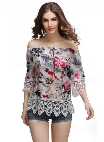 Oasap Off Shoulder Lace Trim Floral Printed Blouse