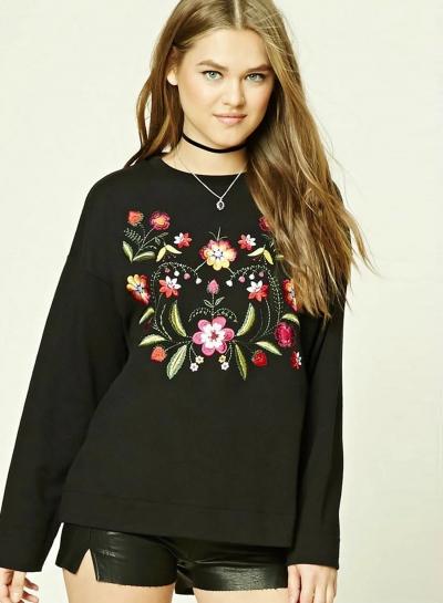 Oasap Round Neck Floral Embroidery Sweatshirts