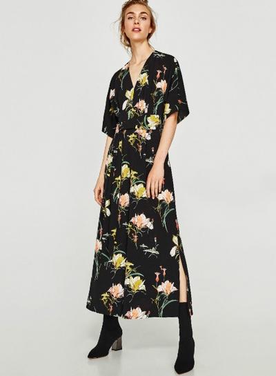 Oasap V Neck Belted Floral Print Slit Wide Leg Jumpsuit