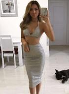 Oasap Halter Sequin Dress Two Pieces Set