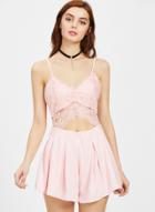 Oasap Spaghetti Strap Sleeveless Backless Lace Panel Pleated Romper