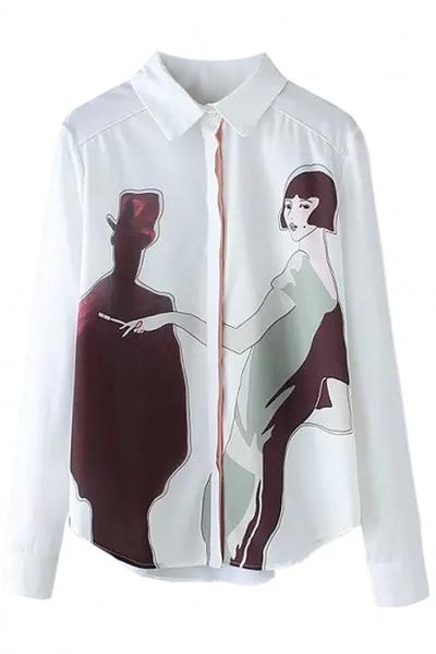 Oasap Streeet-chic Graphic White Chiffon Blouse