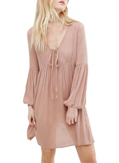 Oasap Women's Casual Deep V Neck Lantern Sleeve Dress