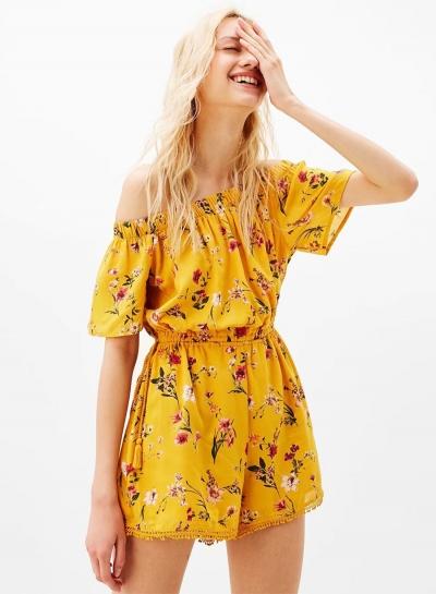 Oasap Off Shoulder Short Sleeve Elastic Waist Floral Romper