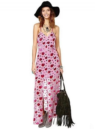 Oasap Rose Print Slip Maxi Dress