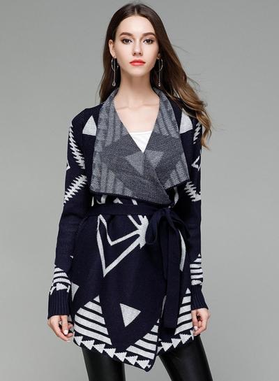 Oasap Loose Knitted Geometric Print Cardigan Sweater With Belt