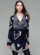 Oasap Loose Knitted Geometric Print Cardigan Sweater With Belt