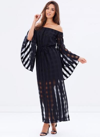 Oasap Off Shoulder Flare Sleeve Side Slit Maxi Dress