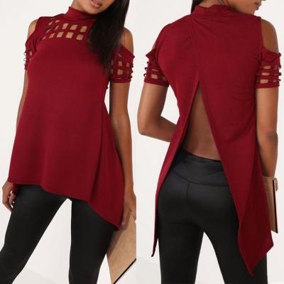 Oasap Off Shoulder Hollow Out Back Slit Irregular Tee