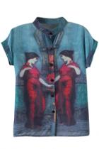 Oasap Vintage Duet Women Print Chiffon Shirt