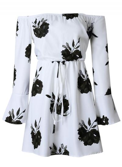 Oasap Off Shoulder Long Sleeve Floral Printed Dress With Belt