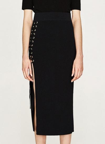 Oasap Lace Up High Waisted Solid Slit Skirts