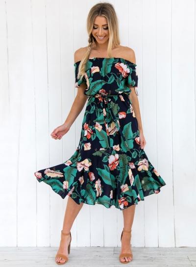Oasap Slash Neck Off Shoulder Leaves Printed Day Dress