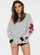 Oasap Long Sleeve Striped Floral Embroidery Sweatshirts