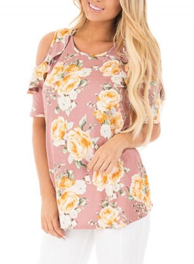 Oasap Floral Cold Shoulder Top With Ruffle Sleeve