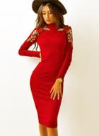 Oasap Round Neck Long Sleeve Floral Embroidery Bodycon Dress