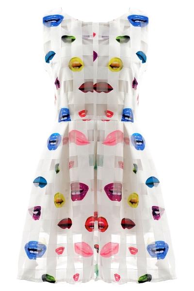 Oasap Flirty Pleated Lips Print Skater Dress
