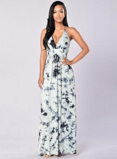 Oasap Halter V Neck Backless Floral Beach Bohe Maxi Dress
