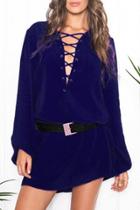 Oasap Simple Lace-up Front Long Sleeve Trapeze Dress