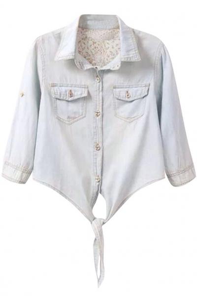 Oasap Pastel Denim Button Down Crop Shirt