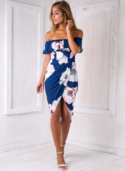 Oasap Off Shoulder Floral Print Ruffles Irregular Split Bodycon Dress