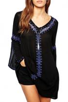 Oasap Essential V Neckline Black Embroidered Sheer Blouse