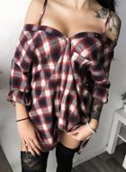 Oasap Strapless Long Sleeve Button Down Plaid Blouse