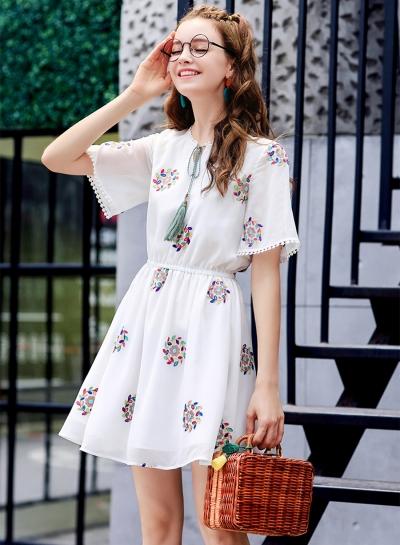 Oasap Floral Embroidery Short Sleeve A-line Dress