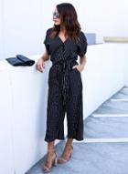 Oasap ' V Neck Short Sleeve Striped Lace-up Jumpsuit