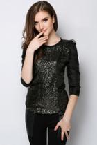 Oasap Black Sequined Organza Overlay Blouse