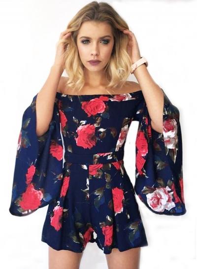 Oasap Fashion Sexy Floral Printed Off The Shoulder Flare Sleeve Women Jumpsuits