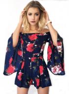 Oasap Fashion Sexy Floral Printed Off The Shoulder Flare Sleeve Women Jumpsuits