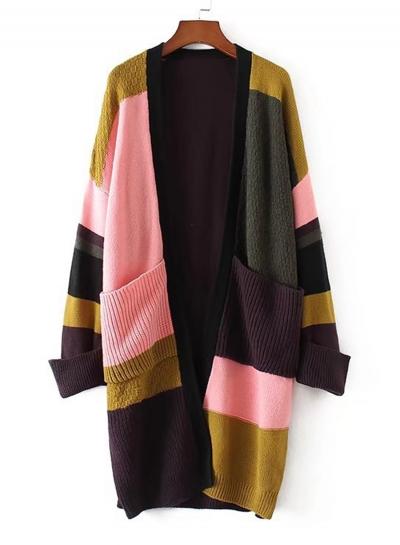 Oasap V Neck Long Sleeve Color Block Cardigan
