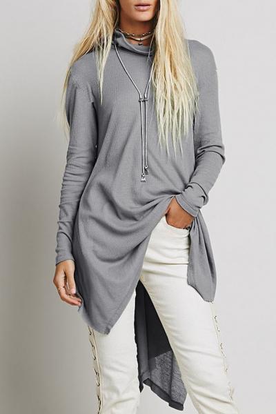 Oasap Light Grey Turtleneck Side Slit Asymmetrical Dress
