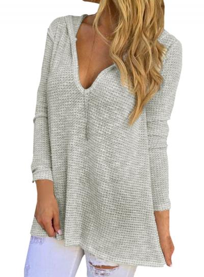 Oasap Women's Grey Hooded V-neck Long Sleeve Loose Knitted Top