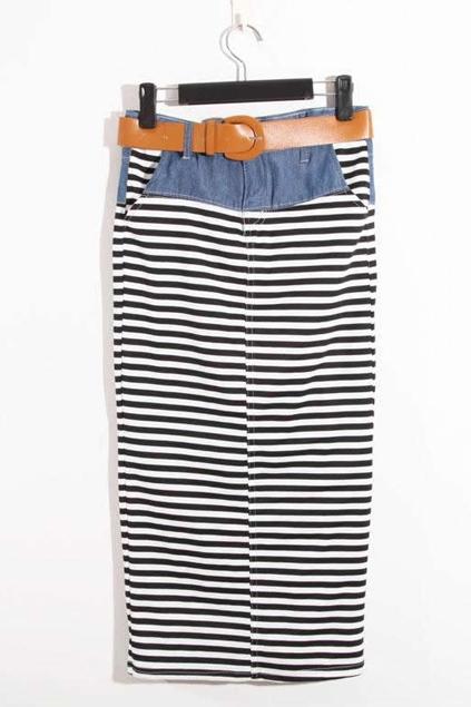 Oasap Contrast Denim Striped Hip Hugging Skirt